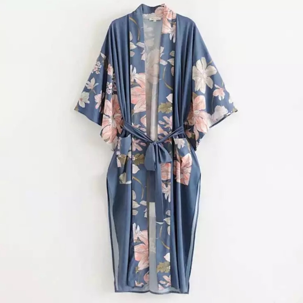 🆕Waterfall Blue Floral Peacock Maxi Kimono Duster - Picture 5 of 7